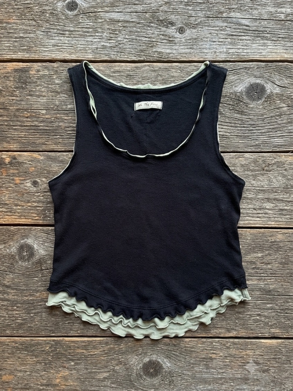 We The Free Black Tank with Sage Green Layered Ruffled Trim medium